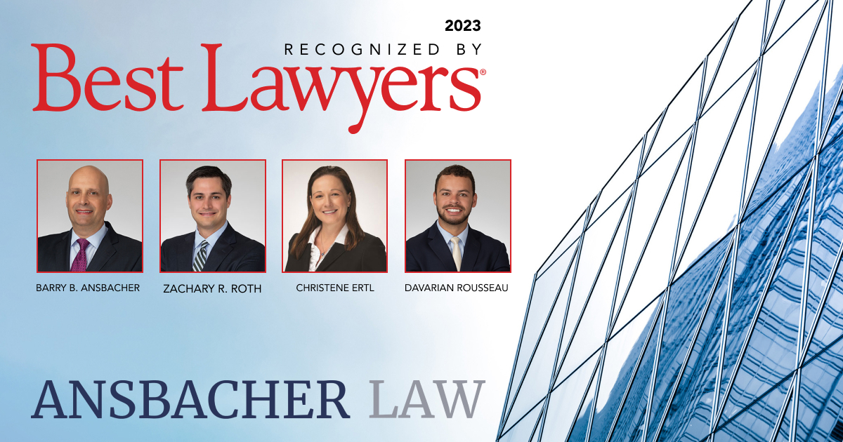 An advertisement for Ansbacher Law featuring the text "Best Lawyers Awards 2023" with images of four attorneys and a geometric blue glass building design on the right.