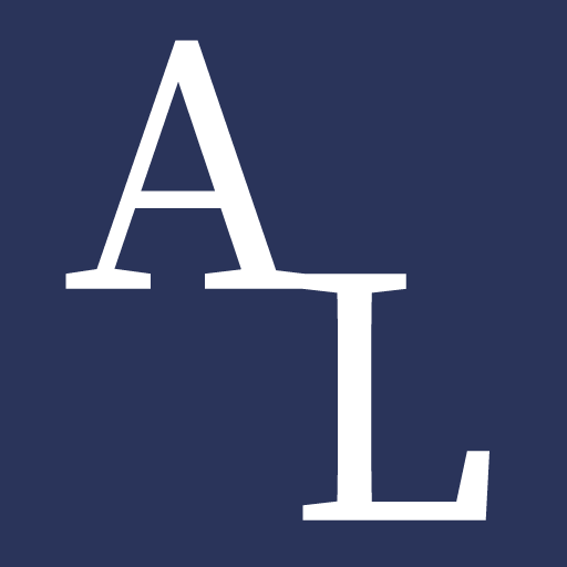 White stylized letters "AL" on a dark blue background.