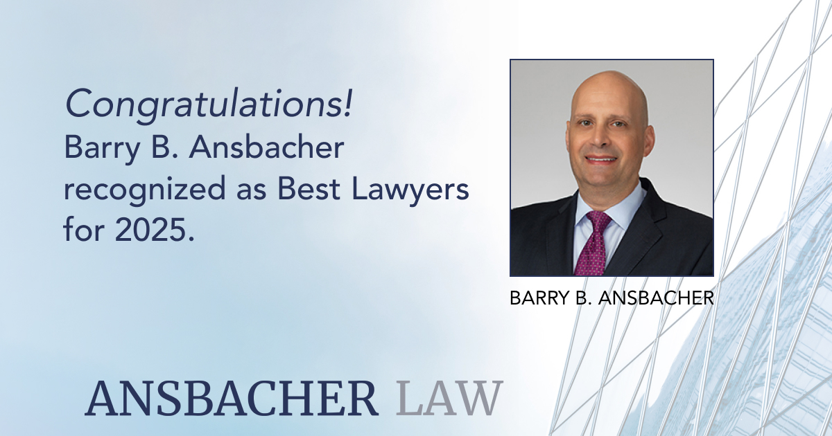 A congratulatory message for Barry B. Ansbacher, recognized as Best Lawyers for 2025. Includes a portrait of a man in a suit and tie. Text reads: "Congratulations! Barry B. Ansbacher recognized as Best Lawyers for 2025." Logo: "ANSBACHER LAW.