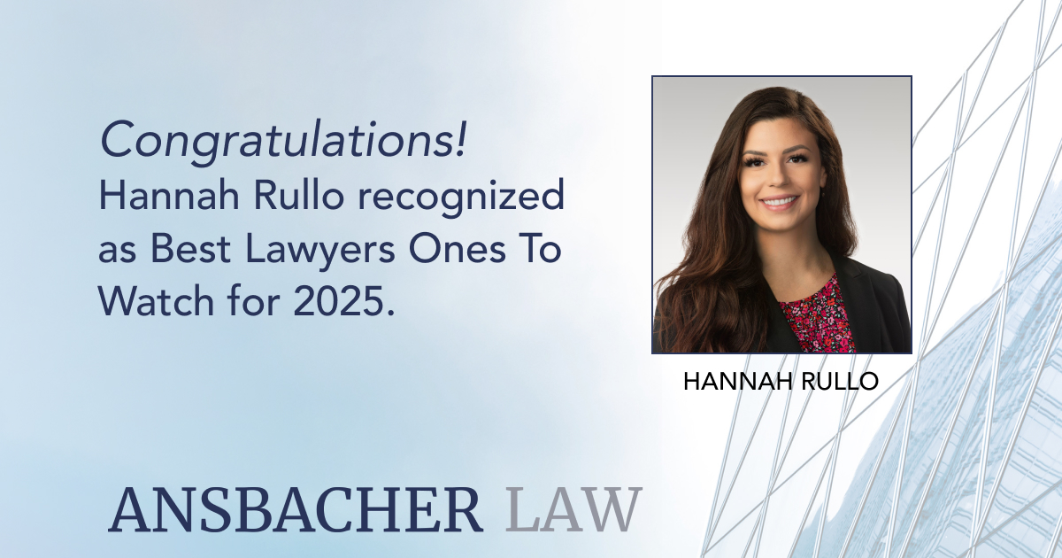 A congratulatory message for Hannah Rullo, recognized as one of Best Lawyers Ones to Watch for 2025, is shown alongside her portrait. The design features a blue gradient background with stylized line graphics and the Ansbacher Law logo.