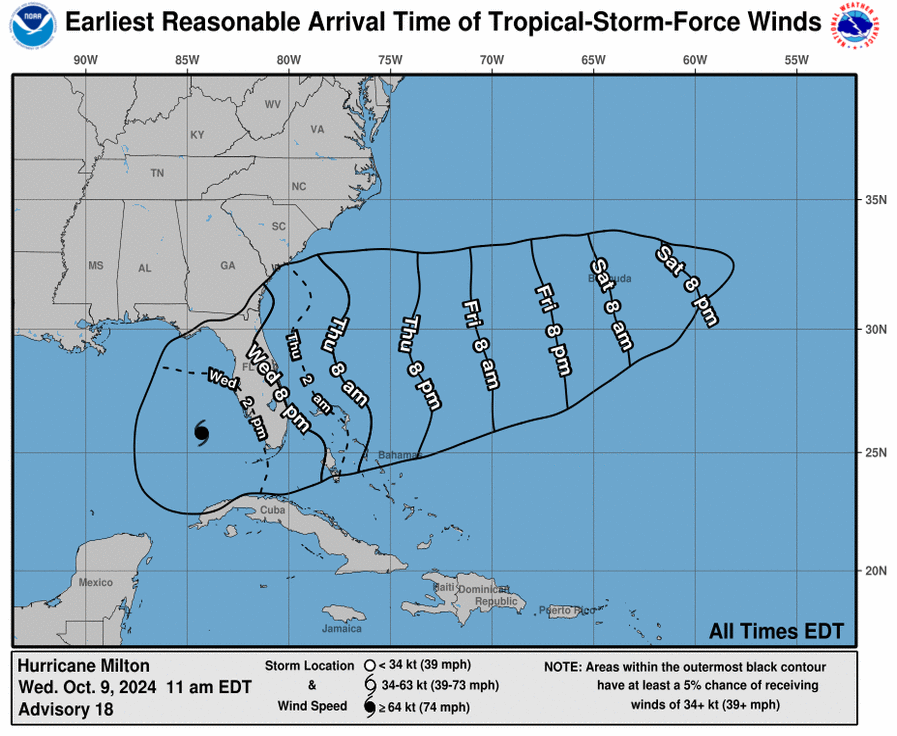 Map showing Hurricane Milton's projected path with estimated arrival times for tropical-storm-force winds along the U.S. East Coast and the Caribbean from Wed, Oct. 9, 2024, to Sat, 8 am. Join our public service webinar for safety tips and updates during this period. Advisory 18 by National Hurricane Center.