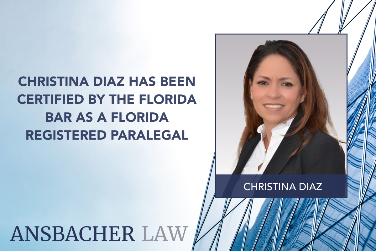 A woman, identified as Christina Diaz Ansbacher, is recognized as a Florida Registered Paralegal certified by the Florida Bar. She appears in a professional headshot wearing a suit, set against a blue geometric design background.